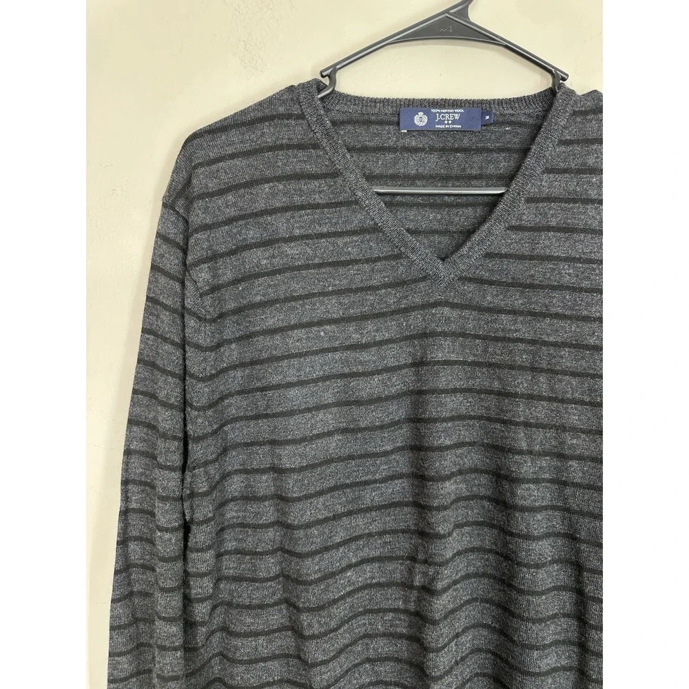 J.Crew 100% Merino Wool V-Neck Pullover Sweater‎ Gray Brown Striped Mens MEDIUM